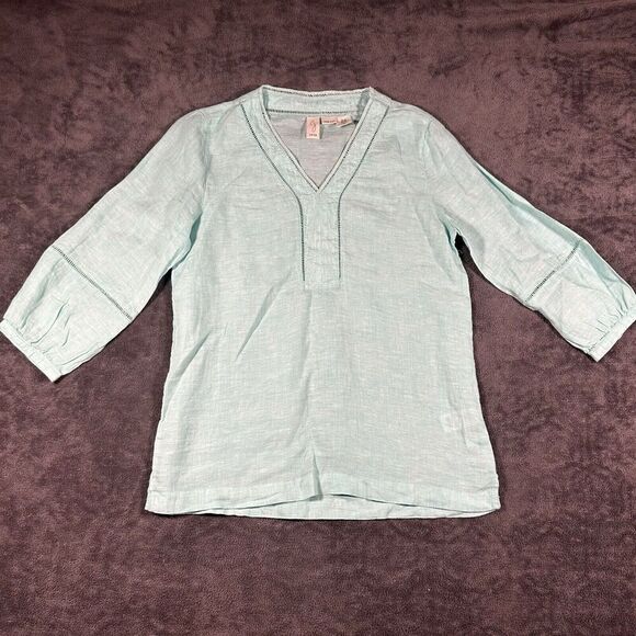 Joie XS Tunic Blue 100% LINEN Tunic Top Blouse Pullover Embroidered Boho - Picture 1 of 9